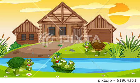 Scene with wooden cottage in the field at sunset Scene with wooden cottage in the field at sunset 61964351