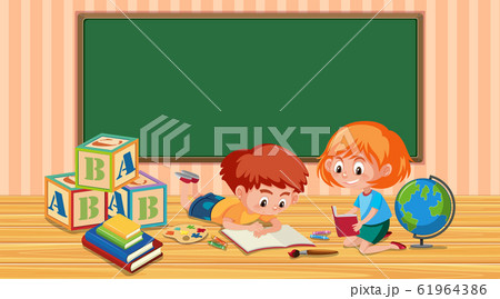 Border template with boy and girl reading books 61964386