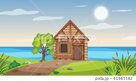 Scene with wooden cottage in the field by the Scene with wooden cottage in the field by the 61965582
