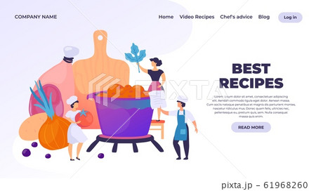 Cooking landing page. Professional chef cartoon character preparing dinner, restaurant culinary website. Vector cooking webpage 61968260