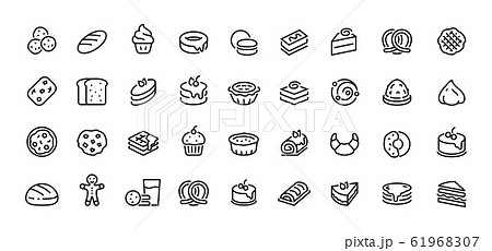 Bread line icons. Bakery and dessert with croissant muffin donut pizza sandwich cookies and cakes. Vector bakery symbols set 61968307