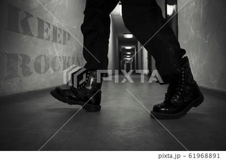 Men's Leather High Combat Boots In A Long Hallway Men's Leather High Combat Boots In A Long Hallway 61968891