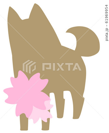 犬シルエット桜 茶色 のイラスト素材