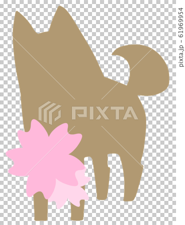 犬シルエット桜 茶色 のイラスト素材