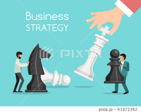Business strategy chess playing concept. Business chessman competition vector illustration. Businessmen hold chess pieces as a symbol of rivalry 61972362