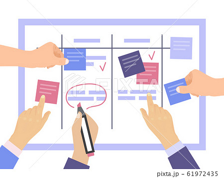 Task board concept with hands vector illustration. Work team planning weekly schedule project on task. Scheme whiteboard, schedule strategy process 61972435