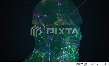 Overlay a background of mesh with multi-colored thin lines connected by dots on the shape of the head. Rotating translucent composition, computer generated, 3D rendering isometric background Overlay a background of mesh with multi-colored thin lines connected by dots on the shape of the head. Rotating translucent composition, computer generated, 3D rendering isometric background 61972921