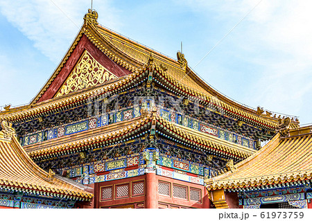 China, Beijing, Forbidden City Different design elements of the colorful buildings rooftops closeup details China, Beijing, Forbidden City Different design elements of the colorful buildings rooftops closeup details 61973759