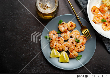 Top view of fried king prawns in a plate 61979122
