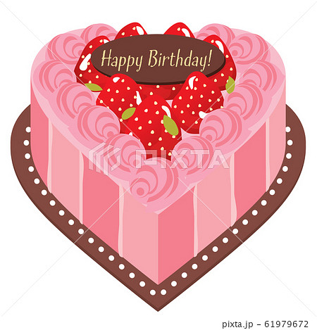 ハート形のピンクの苺のお誕生日ケーキのイラスト素材