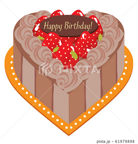 ハート形のチョコレートと苺のお誕生日ケーキのイラスト素材