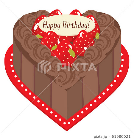 ハート形のチョコレートと苺のお誕生日ケーキのイラスト素材