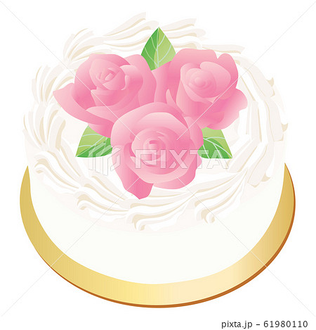 バラの花の飾りの白とピンク色のケーキのイラスト素材