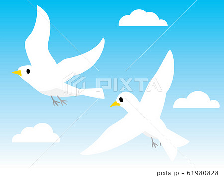 青空を飛ぶ2羽の白い鳥のイラスト素材