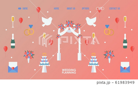 Wedding planning website design, vector illustration. Event organisation agency, landing page template. Wedding catering service company. Flat style romantic icons and symbols 61983949