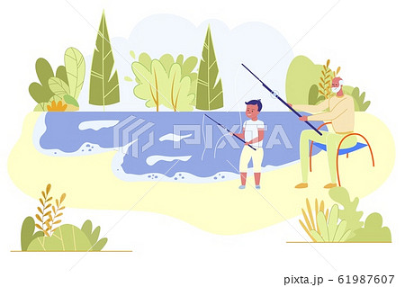 Grandfather and Grandson Fishing on Pond Coastのイラスト素材