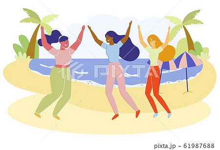 Flat Banner, Girlfriends Rest on Beach, Cartoon. 61987688