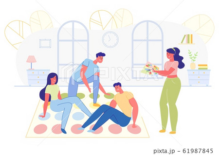 Happy Friends Company Playing Twister at Home. 61987845