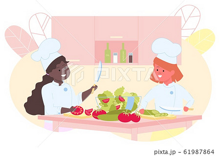 Girls Teenagers Making Salad, Cutting Vegetables. 61987864