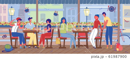 Leisure Time in Outdoor Street Cafe with Terrace. 61987900