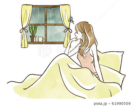 雨の日にベッドから窓の外を眺める女性 憂鬱のイラスト素材