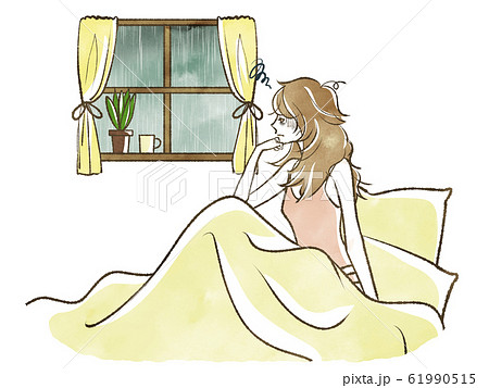 雨の日にベッドから窓の外を眺める女性 不調のイラスト素材