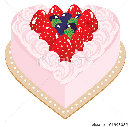 苺のたくさんのったピンクのハート形のケーキのイラスト素材