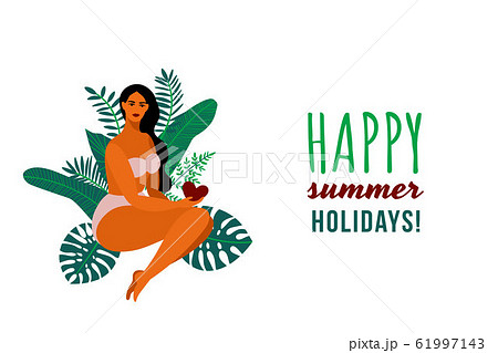 Summer holidays poster. Retro design with a beautiful exotic girl in bikini on the tropical leaves 61997143