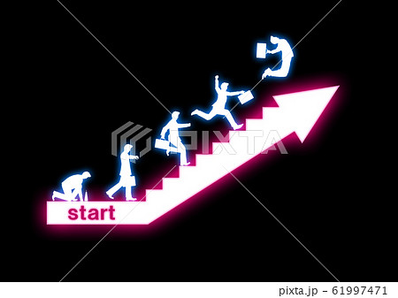 抽象的なネオンの矢印の階段を駆け上がるビジネスマンのシルエットのイラスト素材