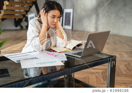 Asian young woman is looking at laptop Asian young woman is looking at laptop 61998186
