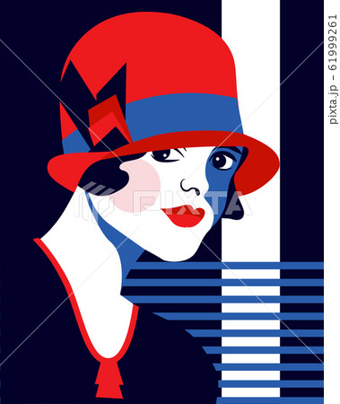 Fashion woman with hat. Portrait art deco style.のイラスト素材