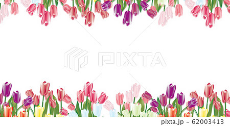 カラフルな春の花チューリップのイラストが一列に並んだバナー素材のイラスト素材