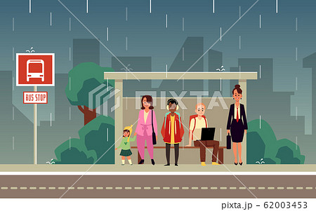 Cartoon People Standing At City Bus Stop On のイラスト素材