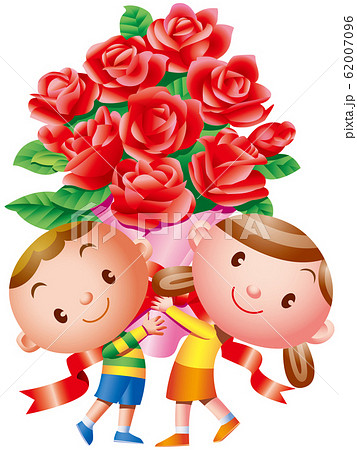 バラの花束を持つ男の子と女の子のイラスト素材