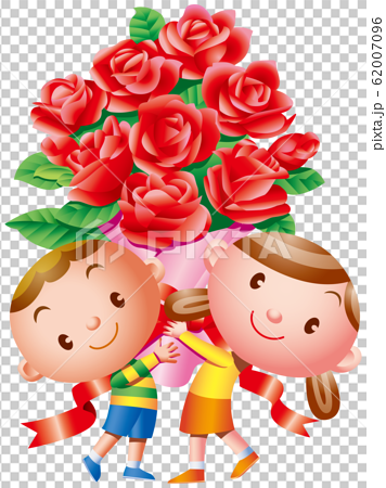 バラの花束を持つ男の子と女の子のイラスト素材