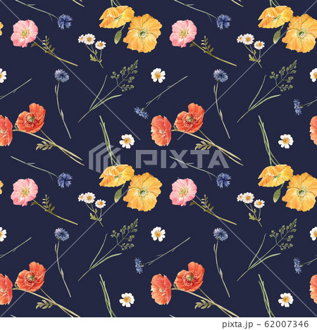 Beautiful floral summer seamless pattern with watercolor hand drawn field wild flowers. Stock illustration. 62007346