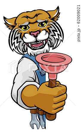 Wildcat Plumber Cartoon Mascot Holding Plunger 62009021