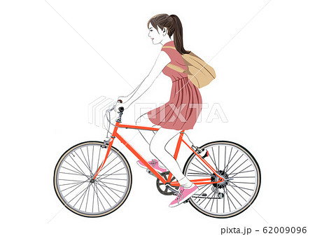 自転車に乗ってお出かけするポニーテイルの若い女性のイラスト素材