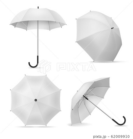 Umbrella. Realistic white open parasols various positions, top and front view rain accessories template for branding, advertise vector mockup 62009910