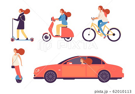 Women and transport. Girl bicycle and scooter, in car. Isolated female driving and riding vector set 62010113