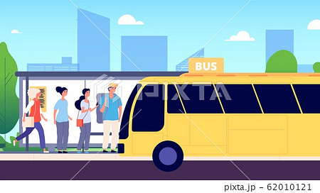 Bus Stop City Transport People Waiting Buses のイラスト素材