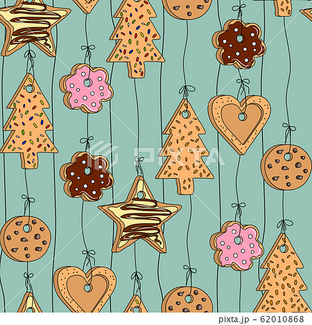 Seamless pattern with different kinds of home made cookies hanging on threads 62010868