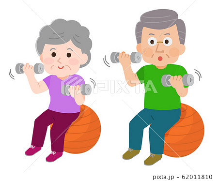 バランスボール 座る ダンベル 高齢者 男性女性 イラストのイラスト素材