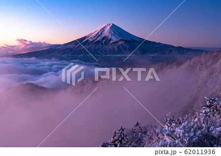 《山梨県》大雲海に浮かぶ富士山・雪景色 62011936
