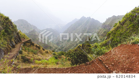 Panoramic view of the fertile ravine valley with volcanic mountain ridges on Santa Antao island in Cape Verde 62014834