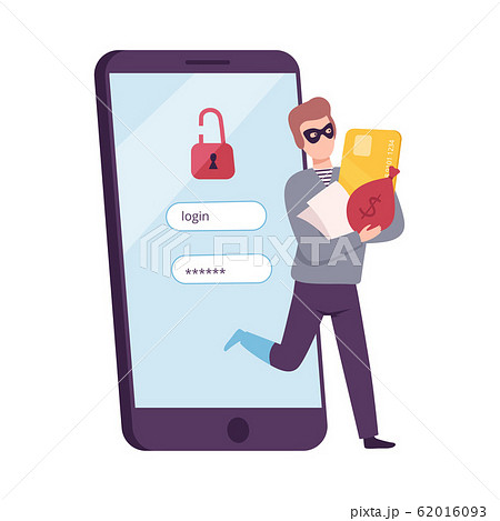 Hacker Stealing Credit Card from Smartphone, Masked Thief Hacked Login and Password, Cyber Internet Security, Internet Phishing Attack Vector Illustration 62016093