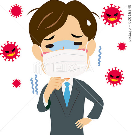 コロナウイルスの影響で体調が悪いの男性 マスク姿 のイラスト素材