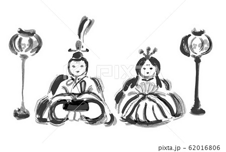 モノクロ 白黒 単色 線画 ひな人形 雛人形 ひなまつり ぼんぼり 女子 雛 ひな イラスト のイラスト素材