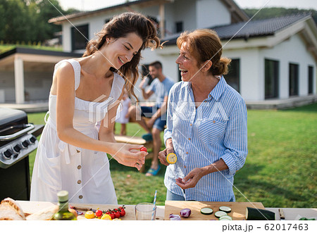 Portrait of multigeneration family outdoors on garden barbecue, grilling. 62017463