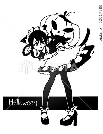 ハロウィーンにジャックランタンを背負ったメイド服の女の子のイラスト素材 6175